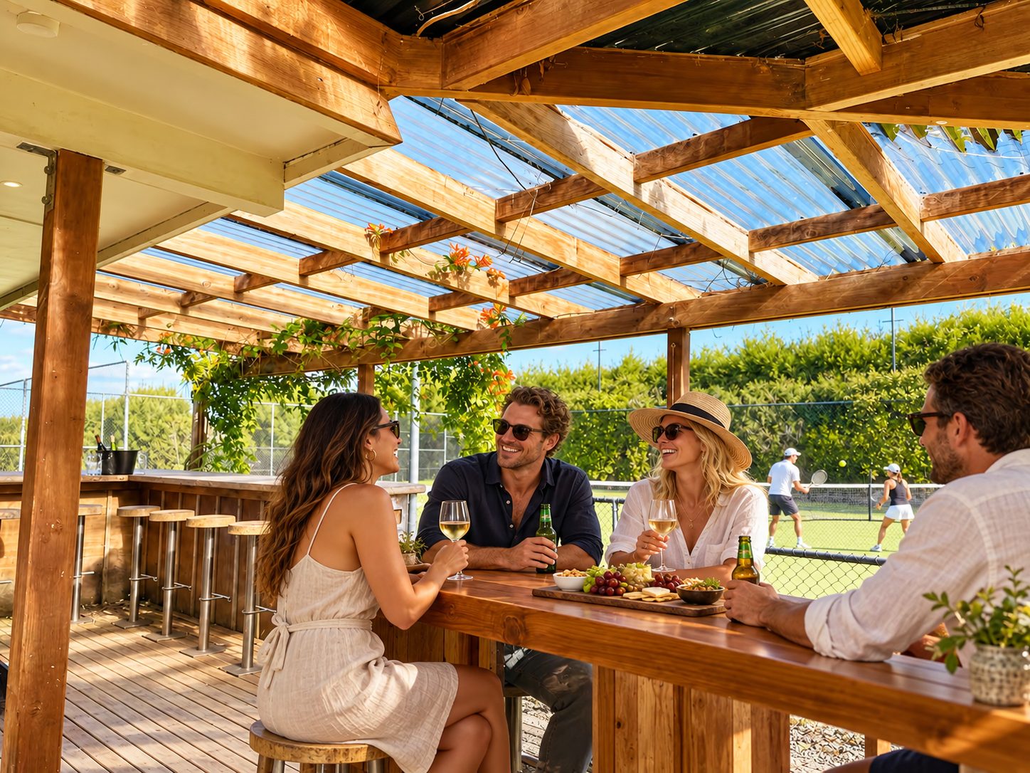 Guests at the courtside bar with a tennis match behind them