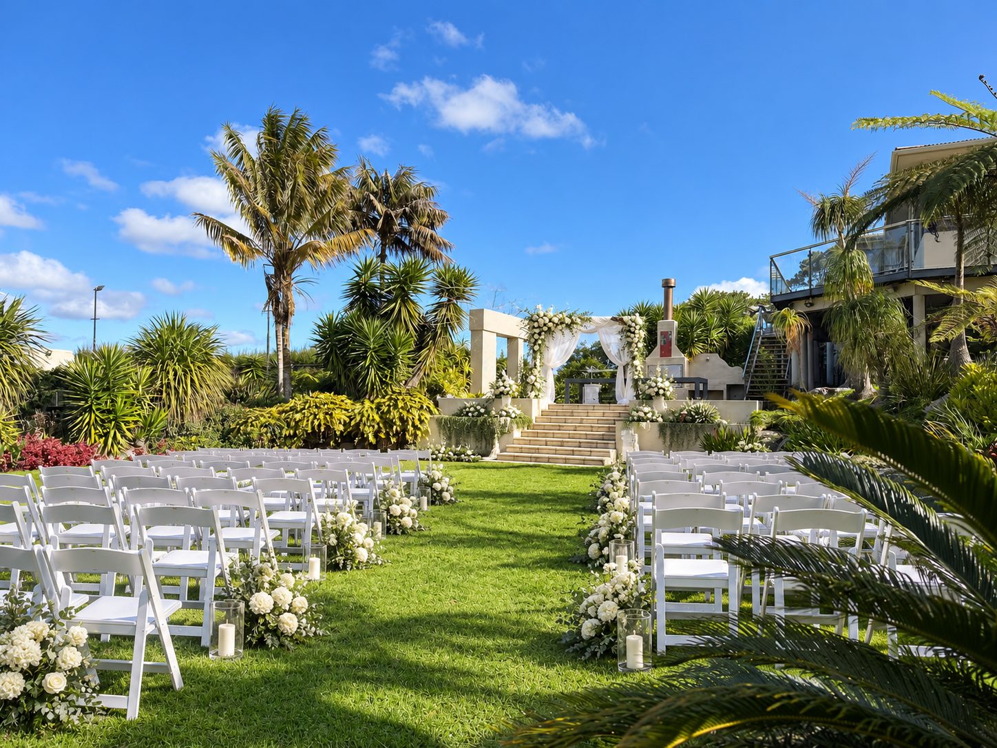 The lawn set with white chairs and a floral arch for a ceremony