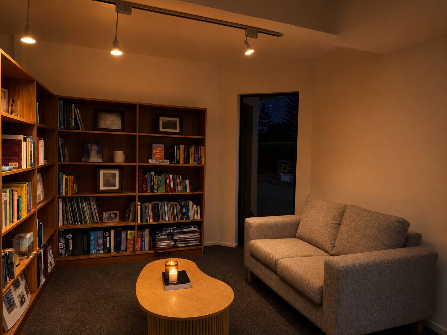 The library — full bookshelves, a sofa and a lit candle