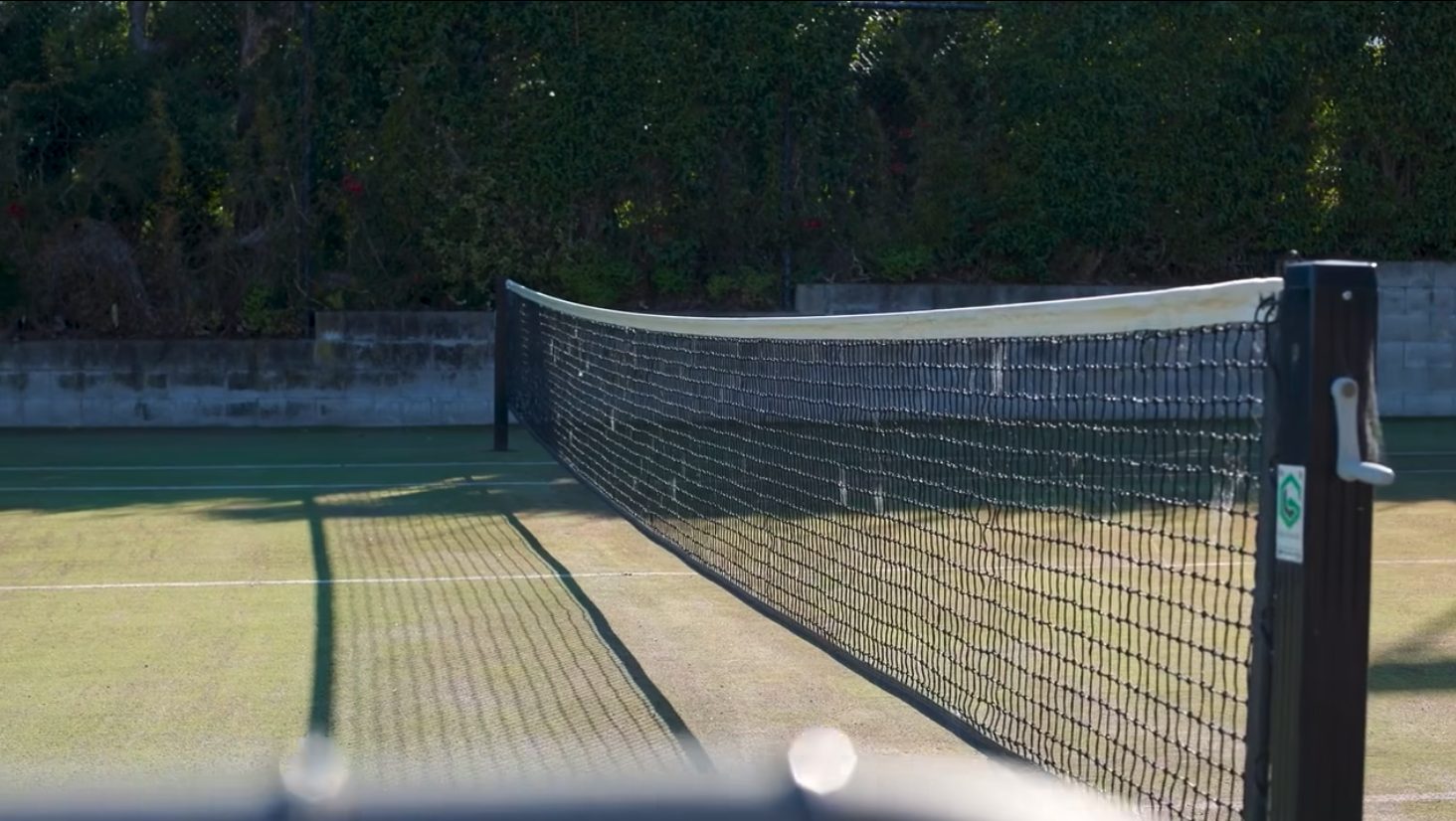 The tennis net and court, hedged on all sides